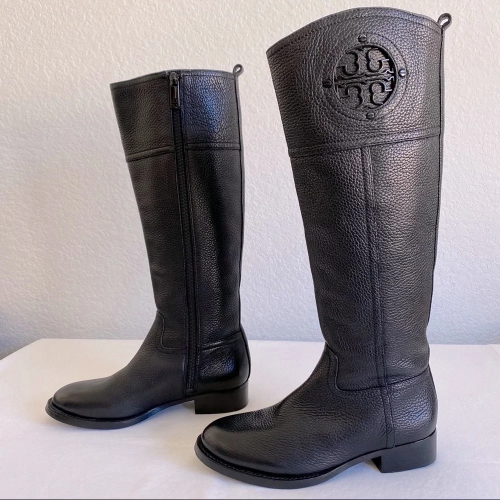 Tory Burch Kiernan logo Riding Leather Boots Black